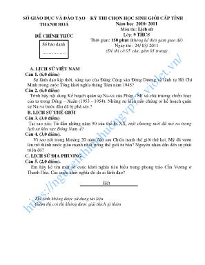 Đề thi chọn học sinh giỏi cấp tỉnh môn Lịch sử Lớp 9 - Năm học 2010-2011 - Sở giáo dục và đào tạo Thanh Hóa (Có đáp án)